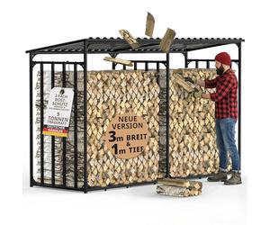 Abri à bûches extérieur en métal avec toit 300x105x185cm galvanisé | Résistant aux intempéries, Capacité 5 m³, Rangement bois de chauffage, XXL 3 m