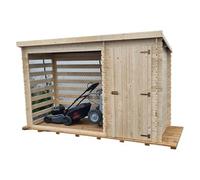 Abri bûcher mono pente 329 x 122 x H. 195 cm - Madriers bois, toiture ondulées