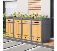 Abri Cache Poubelles 2 Pièces pour 4 poubelles 120-240 L avec bac à plantes, Porte Verrouillable, Métal, Gris + Bois