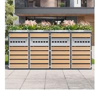 Abri cache poubelles extérieur 4 bacs avec jardinière intégrée en acier galvanisé verrouillable, gris et bois