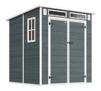 Abri de jardin - Outsunny - double porte, 3 fenêtres, 2 aérations, anti-UV avec plancher - résine - 182 x 182 x 196 cm - gris