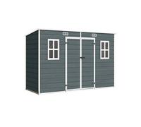 Abri de jardin 3,2 m² portes verrouillables plancher fenêtres aérations résine PP effet bois gris blanc