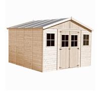 Abri de Jardin en Bois Exterieur avec Plancher IMPRÉGNÉ - Chalet en Pin/épicéa- H246 x 418 x 420 cm/ 16 m²-Construction de Panneaux - Rangement pour vélos, Remise à Outils- TIMBELA M330+M330G