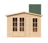 TIMBELA Abri de Jardin en Bois 6 m2 - l332xP222xH232cm - avec Sol et Bardeaux Bitumineux Vert - Pin Nordique/Epicéa - M334FB+H334FBGREEN