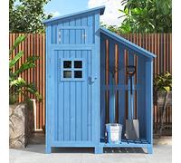 Abri de Jardin en Bois, Cabane de Jardin avec PVC à Structure en Forme de Selle, Coffre de Jardin avec Fondation et 2 étagères de Rangement, Armoire Outils de Jardinage, 124x46x174cm Bleu