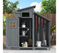 Abri de Jardin en Bois, Cabane de Jardin avec PVC à Structure en Forme de Selle, Coffre de Jardin avec Fondation et 2 étagères de Rangement, Armoire Outils de Jardinage, 124x46x174cm Gris