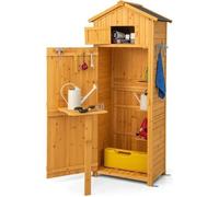 Abri de Jardin en Bois de Sapin 180,5 cm COSTWAY-3 Etagères Amovibles-Table Pliable-Toit en Asphalte Imperméable-8 Crochets-Naturel