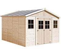 Abri de Jardin en Bois Exterieur avec Plancher IMPRÉGNÉ - Chalet en Pin/épicéa- H246 x 418 x 420 cm/ 16 m²-Construction de Panneaux - Rangement pour vélos, Remise à Outils- TIMBELA M330+M330G