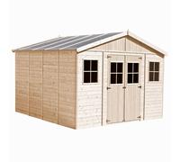 Abri de Jardin en Bois Naturel - Stockage extérieur avec fenêtres- H246 x 418 x 420 cm/ 16 m²- Hangar en Bois Naturel - Atelier Rangement Outils et vélos- TIMBELA M330
