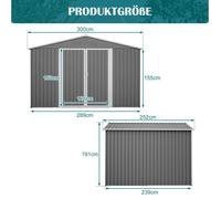 Abri de jardin en métal gris anthracite 300 x 252 x 191 cm avec toit à deux pentes et 2 portes coulissantes