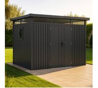 Abri de jardin métal anthracite 7.45m² toit plat + kit d'ancrage