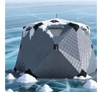 Abri de pêche à glace isolé pour 3 à 5 personnes, installation rapide, design pop-up avec porte en forme de D et piquets à glace, compact et portable pour une utilisation en extérieur en hiver