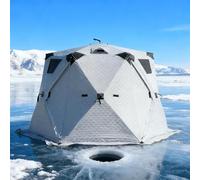 Abri de pêche sur glace avec sol, tente chaude avec fermetures éclair en métal à double porte, 4 fenêtres, 2 ports d'aération, coupe-vent, léger et pliable pour 8 à 12 personnes