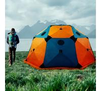 Abri de pêche sur glace pop-up avec cric de poêle et sol isolé, tente hexagonale coupe-vent pour 6 à 10 personnes, comprend des ancrages à glace et un sac de transport, cabane à glace portable pour la