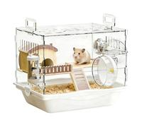 Abri pour hamster | Maison à 2 étages en verre acrylique transparent | Enclos pour gerbilles avec roue, bouteille d'eau et gamelle, pour souris, chinchillas, hérissons et autres petits animaux pour