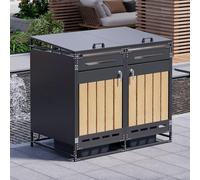 Abri pour poubelles avec Couvercle hydraulique, Habillage Vertical Aspect Bois, aération à Fentes oblongues, Armoire de Rangement de Jardin en Fer avec Serrure (1)