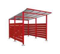 Abri vélos Modulo bardages en stratifié compact RAL3020 - Stratifié acajou - Initial + bardage de fond et latéraux - Sur platines - Prof 3400mm - PROCITY - 599216.3020.ACAJ