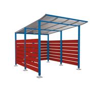 Abri vélos Modulo bardages en stratifié compact RAL5010 - Stratifié acajou - Initial + bardage de fond et latéraux - Sur platines - Prof 3400mm - PROCITY - 599216.5010.ACAJ