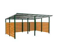 Abri vélos Modulo bardages en stratifié compact RAL6005 - Stratifié chêne clair - initial + compl + bardages de fond et latéraux - Scellement direct - Prof 3400mm - PROCITY - 529217.6005.CHEC