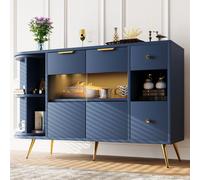 Abrihome Buffet avec portes coulissantes en verre et éclairage LED, commode en bois 130cm Buffet indépendant, bleu