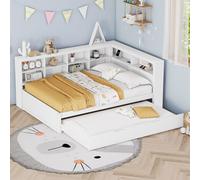 Abrihome Canapé-lit 140x200 cm avec lit gigogne 90x190 cm, lit de jour en bois avec USB et espace de rangement, blanc