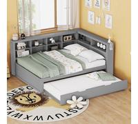 Abrihome Canapé-lit 140x200 cm avec lit gigogne 90x190 cm, lit de jour en bois avec USB et espace de rangement, gris