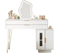 Abrihome Coiffeuse avec éclairage LED miroir, table de maquillage avec design extensible et 2 tiroirs, blanc (sans tabouret)