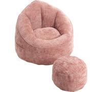 Abrihome Fauteuil-sac avec pouf, accoudoirs incurvés, en mousse à mémoire de forme, chenille, rose