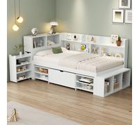 Abrihome Lit de jeune 90x200cm lit simple avec tiroirs, bibliothèque et armoire de rangement, canapé-lit lit de jour avec sommier à lattes, blanc