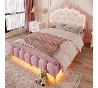 Abrihome lit d'enfant lit rembourré avec sommier à lattes - 140x200 cm, ambiance LED, forme de princesse héritière, rose (sans matelas)