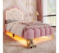 Abrihome lit d'enfant lit rembourré avec sommier à lattes - 90x200 cm, ambiance LED, forme de princesse héritière, rose (sans matelas)