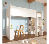 Abrihome Lit d'enfant surélevé 90x200cm avec escalier et protection contre les chutes, lit superposé avec bureau, bibliothèque et armoire, blanc