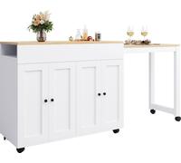 Abrihome table de bar extensible avec espace de rangement, îlot de cuisine avec roulettes, chariot de service table de bistrot avec 6 étagères table haute espace de rangement, blanc