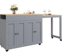 Abrihome table de bar extensible avec espace de rangement, îlot de cuisine avec roulettes, chariot de service table de bistrot avec 6 étagères table haute espace de rangement, gris