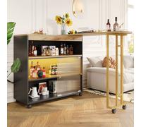 Abrihome Table de salle à manger extensible Table de bar-204×39×105cm avec éclairage LED et espace de rangement, porte coulissante pour l'armoire en verre, noir
