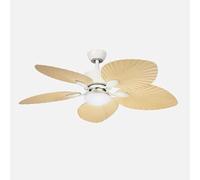 ABRILA - Ventilateur DC Torcal 24 W Blanc/hêtre | 5 pales design feuille de palme tropicale | 6 vitesses | Lumière LED en option 2880 lm | Télécommande avec mémoire et minuterie