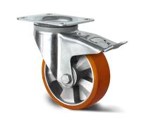 Abrollwerk Roulette pivotante fortes charges à frein, jante aluminium, polyuréthane, diamètre 160 mm, fortes charges, double roulement à billes, charge simple 600 kg (roulette pivotante à frein)