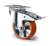 Abrollwerk Roulette pivotante fortes charges avec frein, jante aluminium, polyuréthane, diamètre 125 mm, double roulement à billes, charge dynamique 500 kg (roulette pivotante avec frein)