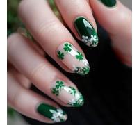 ABS Lot de 24 faux ongles décoratifs en paillettes vertes et blanches - Trèfles à quatre feuilles pour un look festif et une bonne fortune - Plusieurs tailles d'ongles