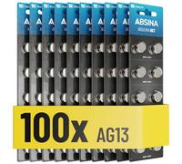 ABSINA 100x Pile LR44 AG13-1,5V Alcaline étanche & Longue durée - LR1154 / L1154 / L1154F / G13 / G13A / 13GA / 157 / V13GA / PX76A / RW82 - Piles lr44 Pile Bouton, Pile AG13, Pile A76, Pile LR 44