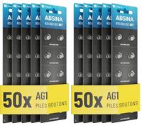 ABSINA 50x Pile AG1 LR621-1,5V Alcaline étanche avec Longue durée - LR60 / SR60 / 1175S0 / 164/602 / 364 / V30 / SR621 / SR621SW - Pile Bouton AG1 - Piles LR621 pour Montre (Lot de 2)