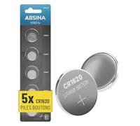 ABSINA 5X Pile CR1620 Bouton 3V - CR1620 Pile Lithium 3V Anti-Fuite & Longue durée - CR1620 Pile Clef Voiture, Pile telecommande Voiture, Pile Bouton Lithium, Petite Pile Plate