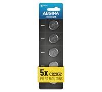 ABSINA 5X Pile CR2032 3V Lithium - Piles 2032 Longue durée & étanches - Piles CR2032 3 Volts pour clés de Voiture etc.