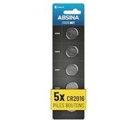 ABSINA 5X Piles CR2016 - CR 2016 3V étanche & Longue durée - Pile 2016 pour clés de Voiture, Balance de Cuisine, etc. - CR2016 Pile Lithium 3V, Pile CR2016, Piles 2016, Pile CR 2016, CR 2016 Pile