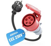 ABSINA Adaptateur prise Schuko vers coupleur CEE 16A - Schuko vers CEE comme accessoire voiture électrique - Schuko vers CEE 16A 5 pôles avec câble 60 cm & protection IP44 - adaptateur 230V