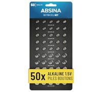 Absina Pack 50 piles bouton 1,5V - 10x AG1/LR621, AG4/LR66, AG10/LR1130; 15x AG3/LR41; 5x AG13/LR44