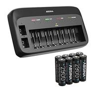 ABSINA Chargeur de Batterie X10 pour AAA & 9V - Chargeur NiMH 10 emplacements pour Rechargeables Micro AAA, Mignon AA & 9V Block Batteries avec 8 piles AA 2900