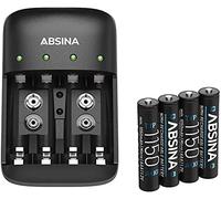 ABSINA Chargeur de Piles Rechargeables AA AAA & 9V + 4X AAA 1150 Pile - Chargeur de Pile NiMH avec 4 emplacements - Chargeur Piles Rechargeable pour AAA, AA & 9V - Chargeur Pile, Chargeurs de Piles