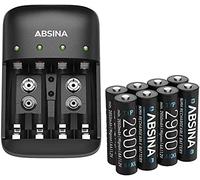 ABSINA Chargeur de Piles Rechargeables AA AAA & 9V + 8X AA 2900 Pile - Chargeur de Pile NiMH avec 4 emplacements - Chargeur Piles Rechargeable pour AAA, AA & 9V - Chargeur Pile, Chargeurs de Piles