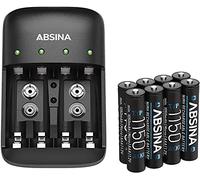 ABSINA Chargeur de Piles Rechargeables AA AAA & 9V + 8X AAA 1150 Pile - Chargeur de Pile NiMH avec 4 emplacements - Chargeur Piles Rechargeable pour AAA, AA & 9V - Chargeur Pile, Chargeurs de Piles